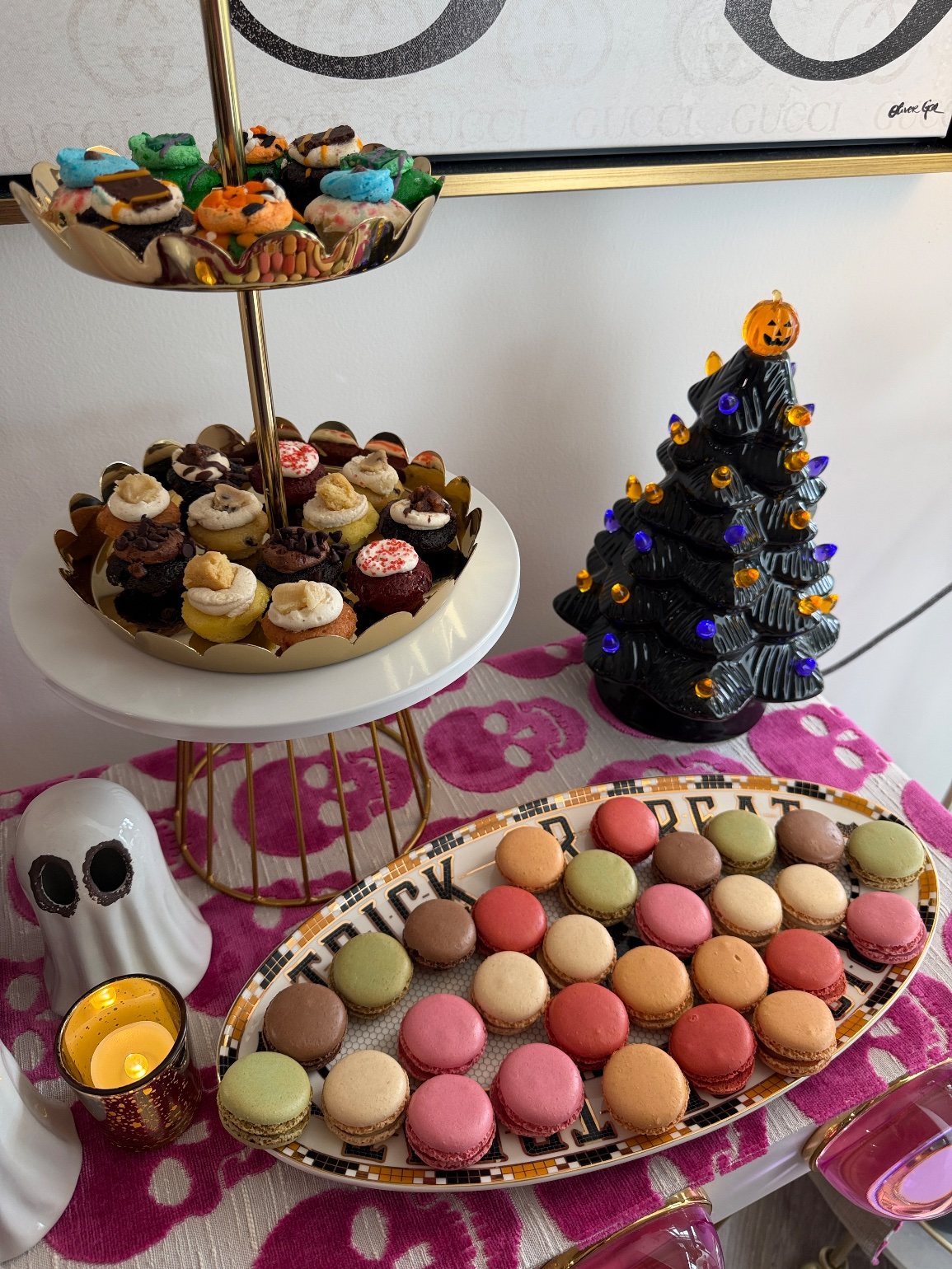 Baked by Melissa mini cupcakes and macarons on the Trick or Treat platter