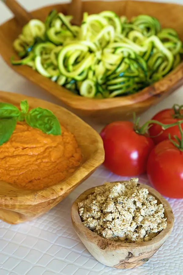 Raw Vegan Zoodles with Marinara and Walnut Sausage